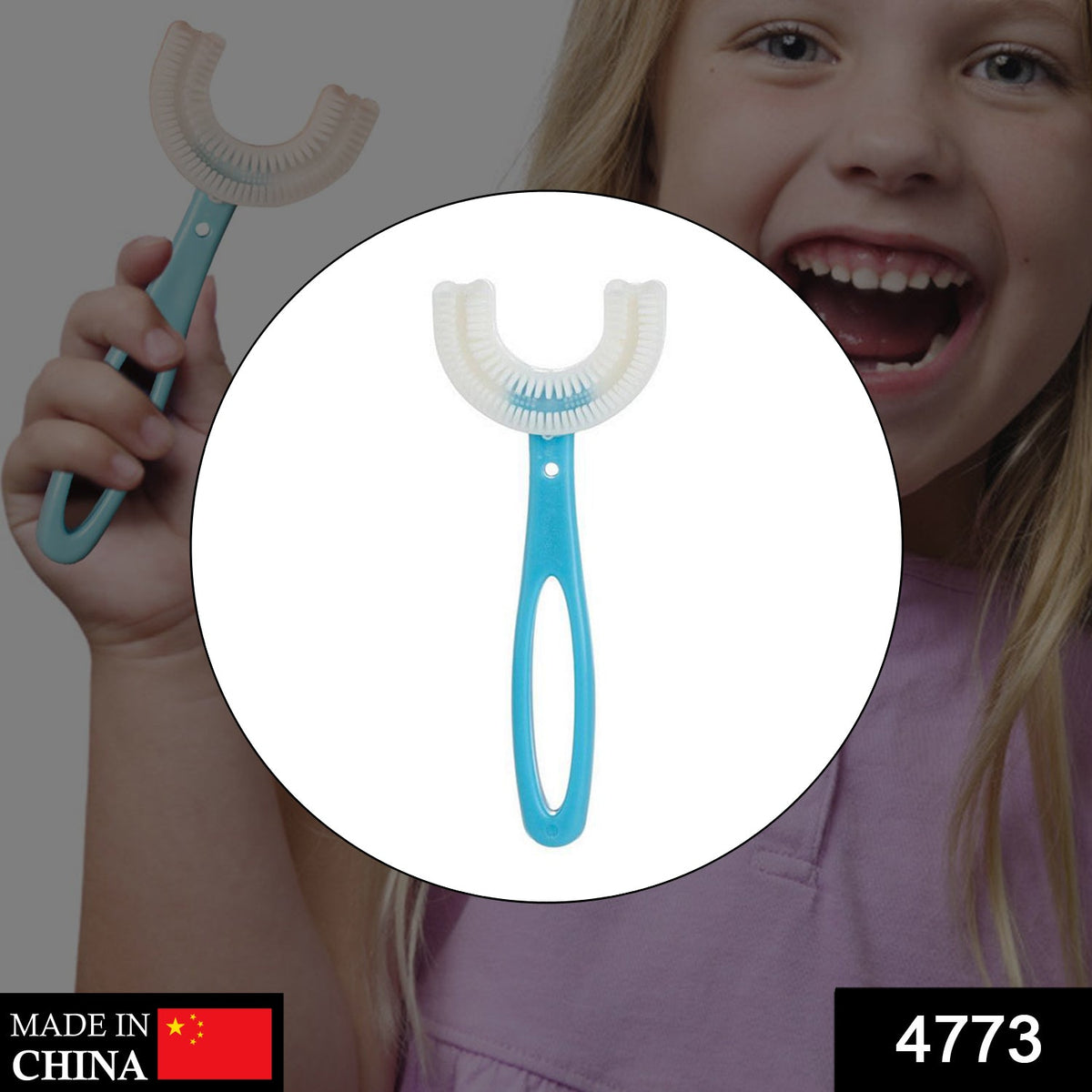A white circle highlights a blue U-shaped toothbrush over a blurred image of a smiling girl.