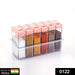 Six clear plastic spice jars with pink flip-top lids in a clear holder, filled with various spices against a white