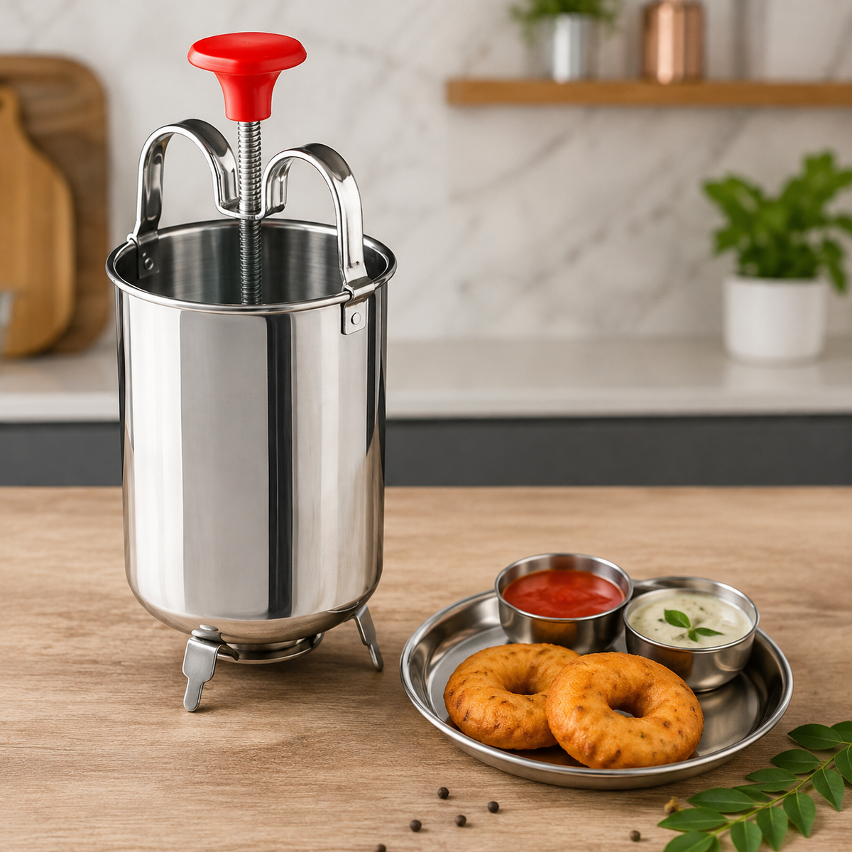 A stainless steel medu vada maker with a red handle stands next to a plate of vadas and two dipping sauces.
