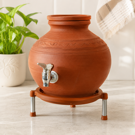 Terracotta matka with a silver tap on an orange plastic stand with silver legs, next to a green plant.