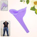 A purple silicone female urination device with an inset showing a woman from behind and another showing the device packaged.