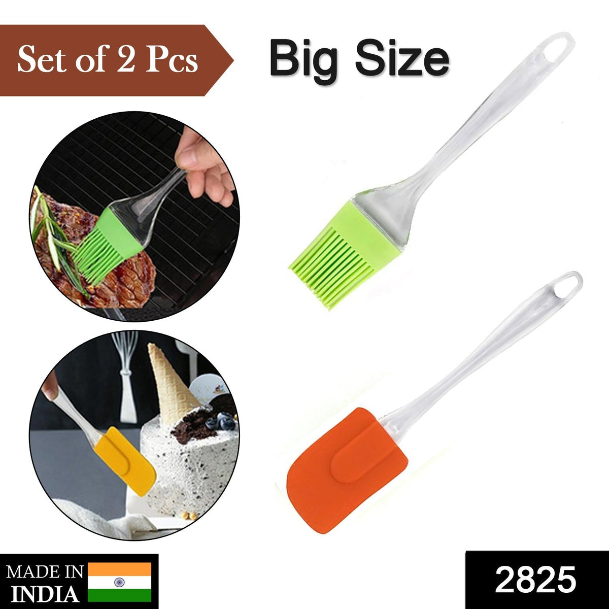 Two kitchen tools, an orange silicone spatula and a green silicone basting brush, are displayed against a white background.