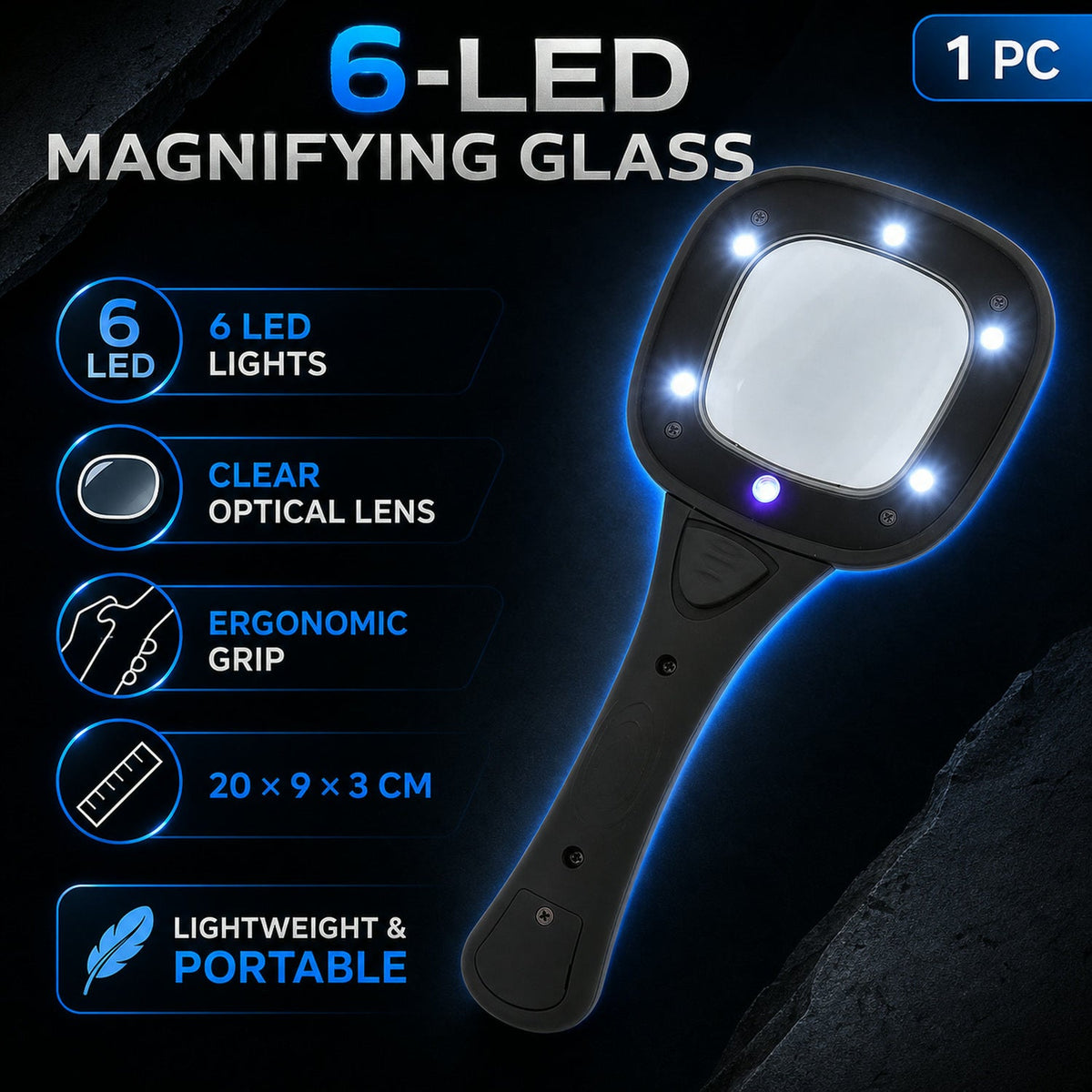 Features of the LED magnifying glass highlighted in a dark setting.