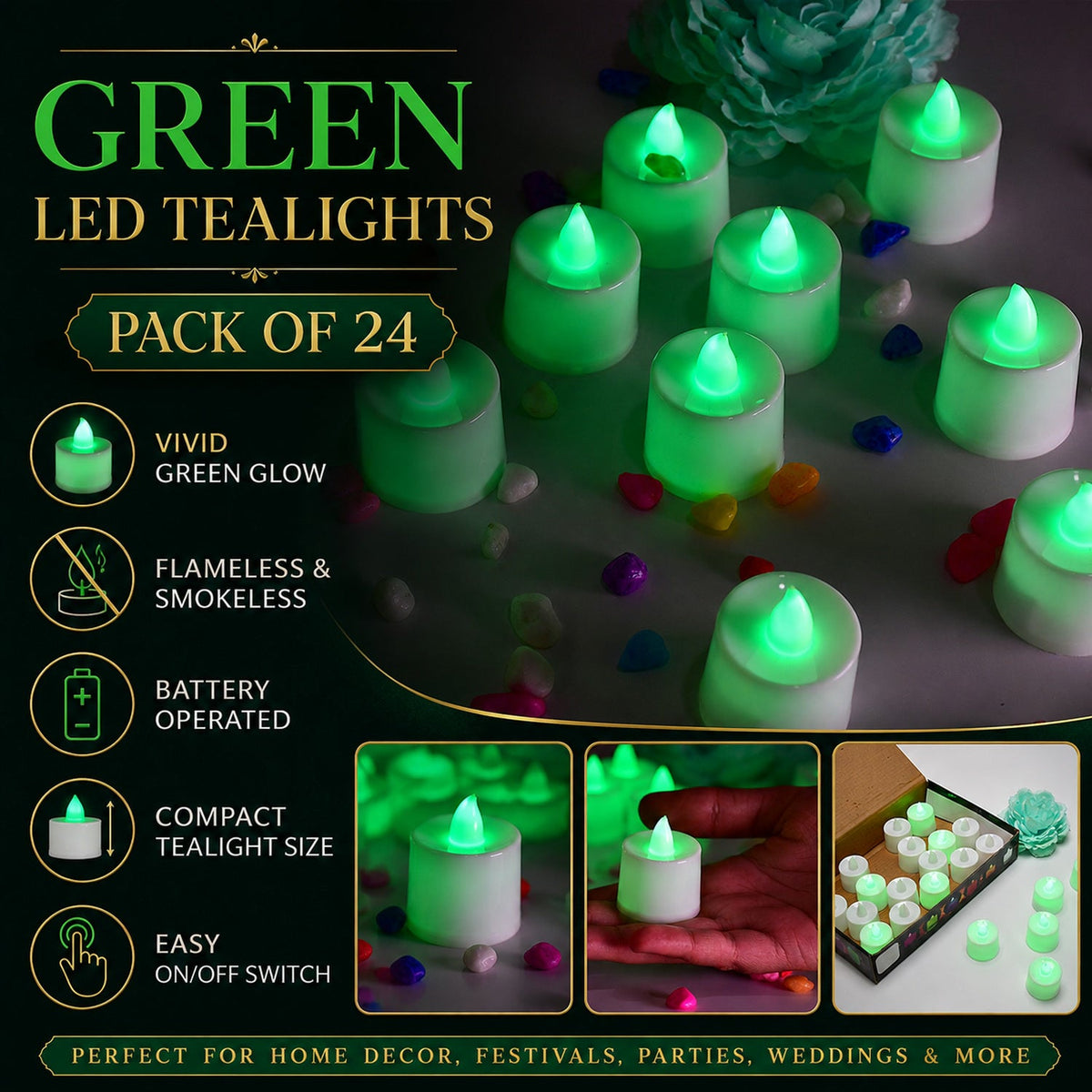 A graphic promoting green LED tealights with features like flameless, battery operated, and compact size, with product