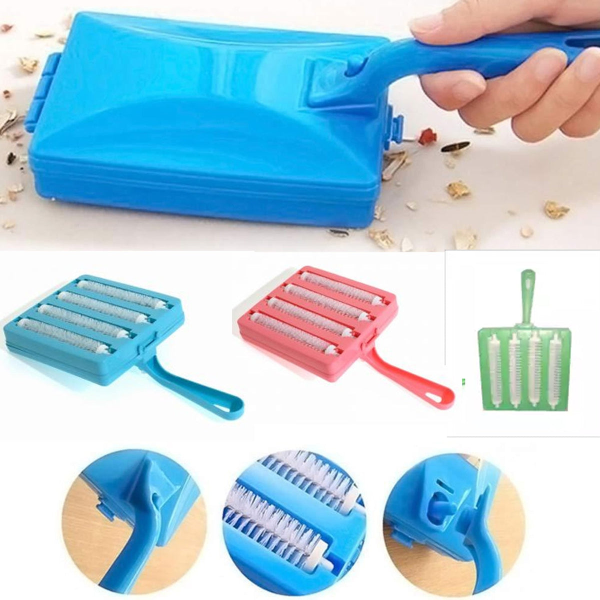 A blue handheld carpet sweeper in use on a floor, with three smaller insets showing different colored sweepers and brush
