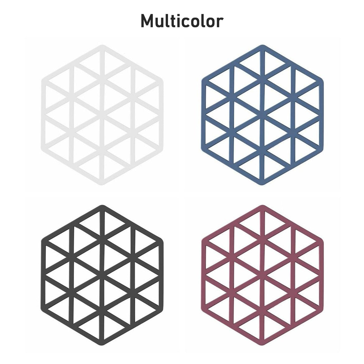 Four hexagonal silicone coasters in white, blue, black, and maroon are displayed against a white background.