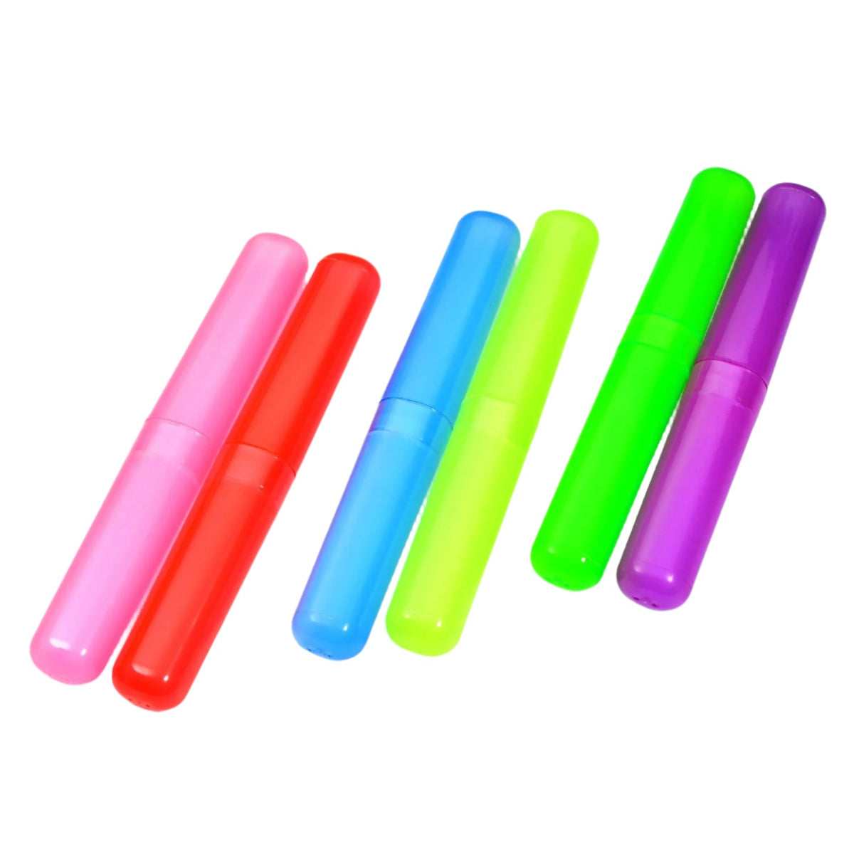 Six translucent plastic toothbrush cases in pink, red, blue, lime green, and purple are arranged diagonally on a white