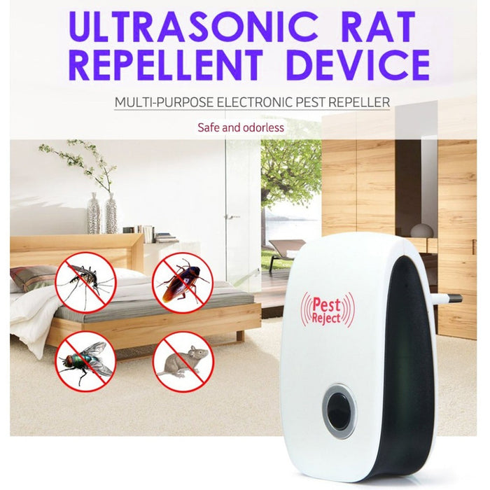 White and black pest repeller with a grey button in a bedroom setting, with text "Ultrasonic Rat Repellent Device" and pest