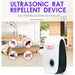 White and black pest repeller with a grey button in a bedroom setting, with text "Ultrasonic Rat Repellent Device" and pest