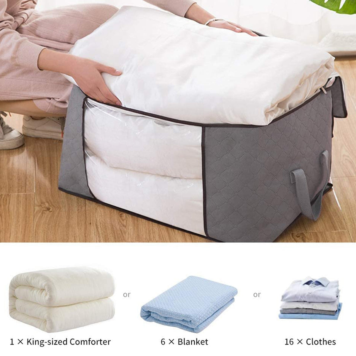 A person places a white comforter into a grey quilted fabric storage bag, with icons showing its capacity for different