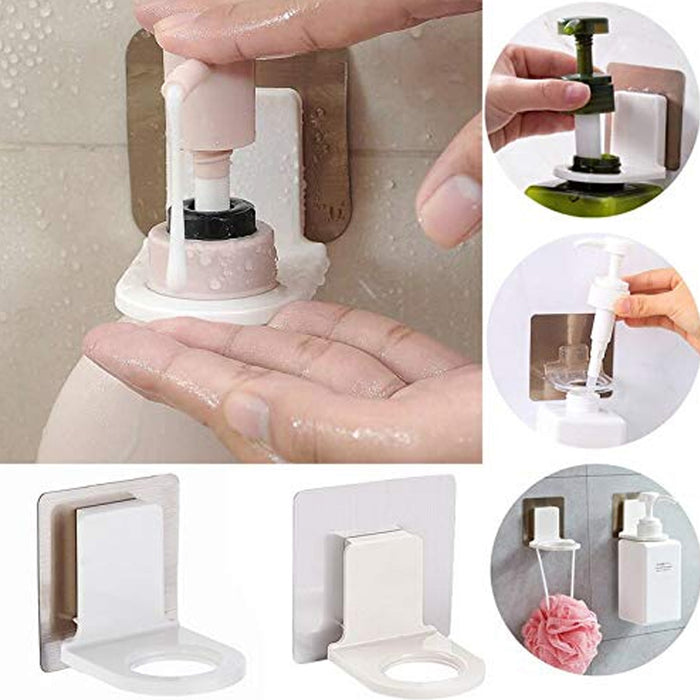 A collage of images showing the holder in use with various bottles and a shower puff, and two empty holders.