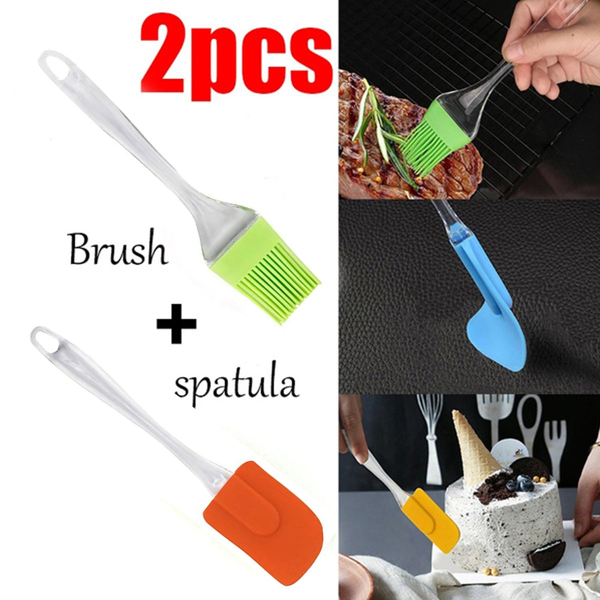 A green silicone brush and an orange silicone spatula with clear handles are displayed alongside small inset images of food
