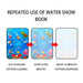 Three panels show the water book pages: fully colored, fading after a few minutes, and completely disappeared after 10