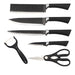 Six-piece black serrated knife set with peeler and scissors displayed individually on a white background.