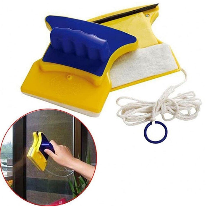 Blue and yellow magnetic window cleaner with a long white safety rope and a blue ring.