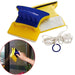 Blue and yellow magnetic window cleaner with a long white safety rope and a blue ring.