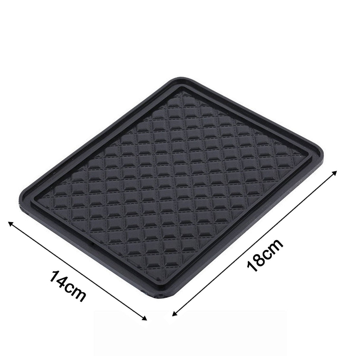 A black rectangular anti-skid mat with a diamond texture is shown with dimensions 14cm by 18cm.