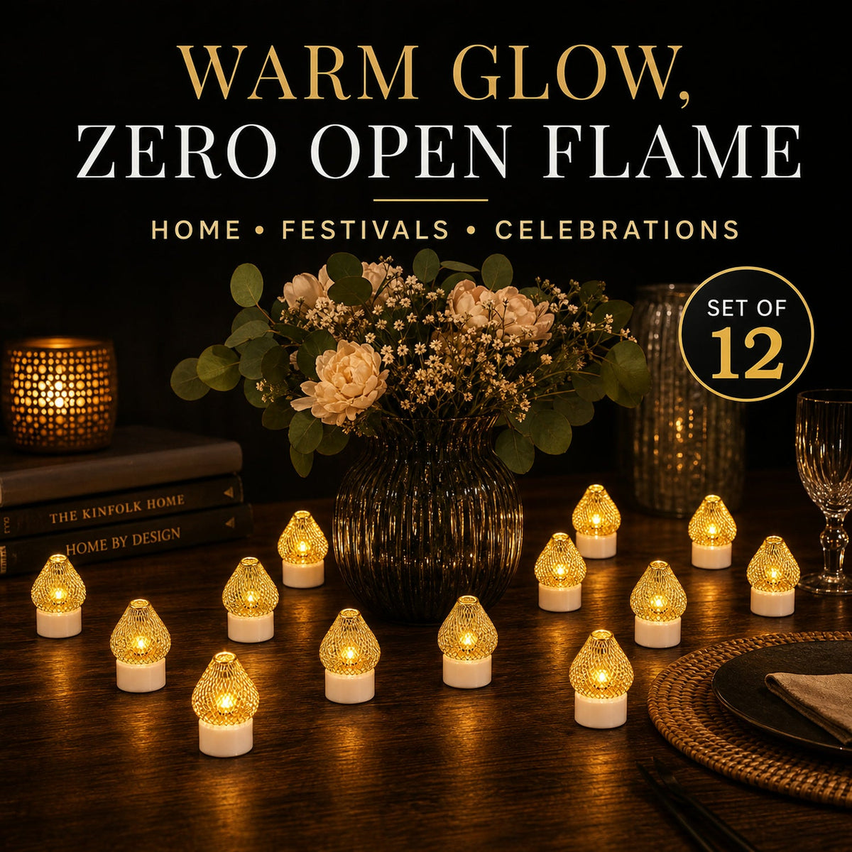 Twelve golden mesh LED tea lights arranged around a vase of flowers on a wooden table.