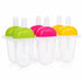 A 6-piece clear plastic ice candy mold with green, pink, and yellow tops is displayed on a white background.