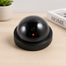 Black dome dummy security camera with a red light, sitting on a light wooden desk next to a white book and green plant.