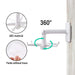 A white rotating hook is mounted on a wall, with insets highlighting its ABS material and trace-free adhesive, and arrows