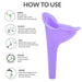 A purple silicone urination funnel is shown next to five steps with diagrams explaining how to use it.