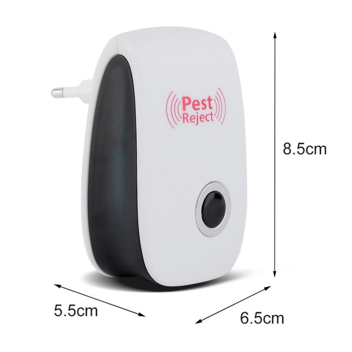 White and black pest repeller with a grey button and a two-prong plug, showing dimensions of 8.5cm, 5.5cm, and 6.5cm.