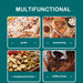 A grid of four images illustrates the grinder's versatility for grinding grain, seasoning, medicinal herbs, and coffee beans.
