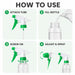 Four-panel guide illustrating how to attach, fill, screw on, and adjust the sprayer nozzle.