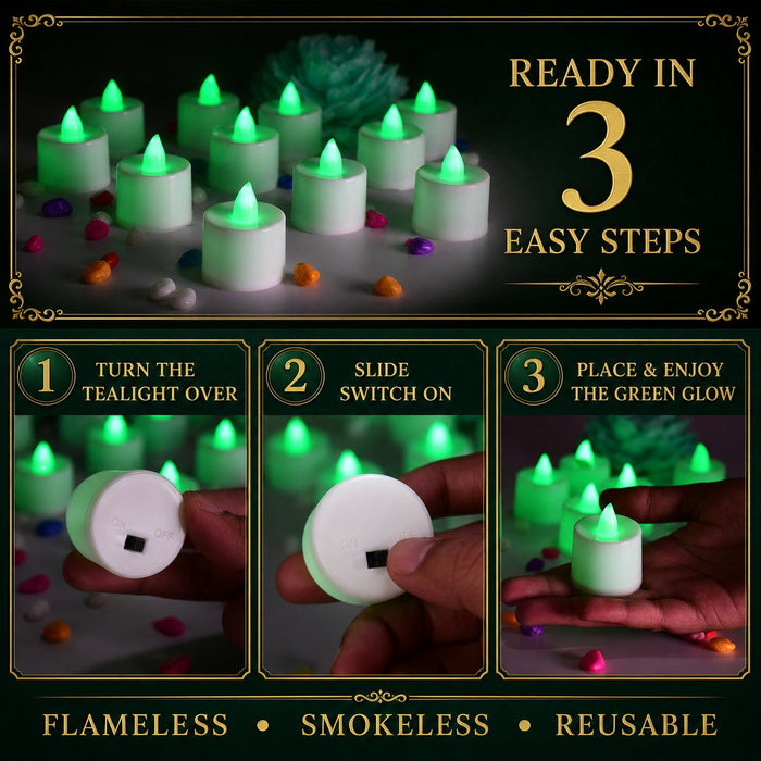 Usage guide for the green flameless LED tealights.