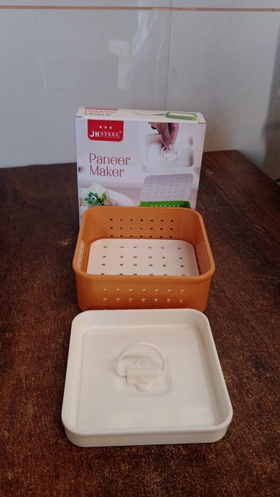 Square Paneer Maker and its packaging, showcasing the product clearly.