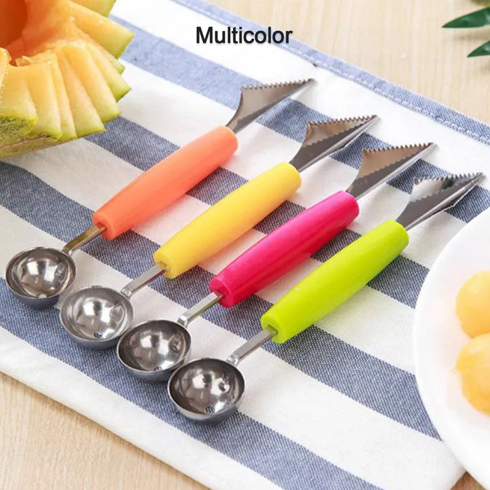 Four colorful dual-ended fruit tools with orange, yellow, pink, and green handles are arranged on a striped cloth next to a