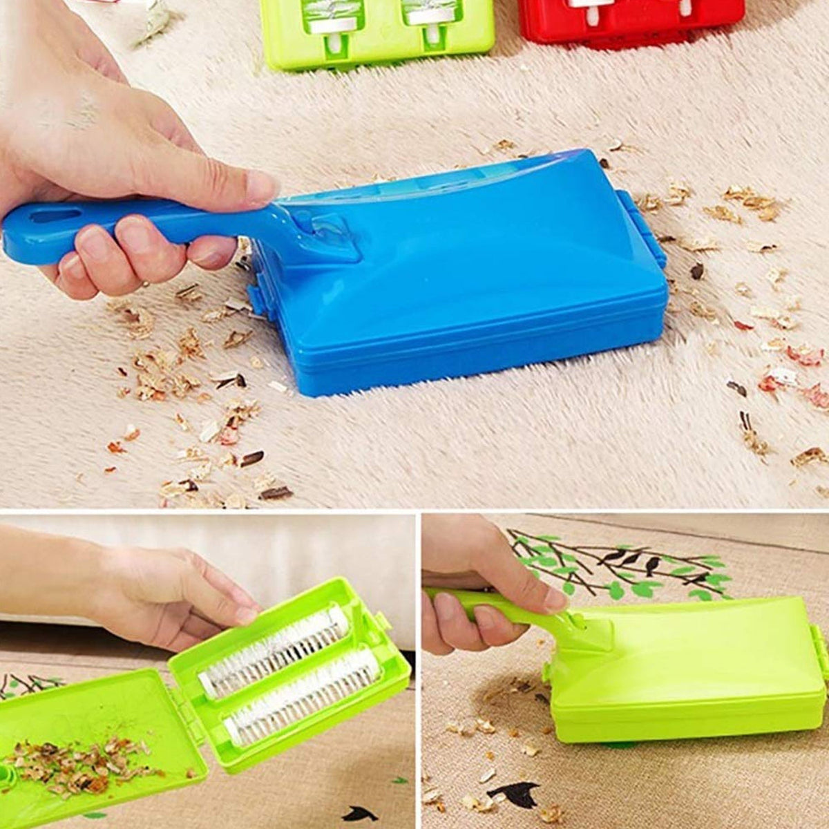 A hand using a blue handheld carpet sweeper on a light brown carpet, with two insets showing a green sweeper in use and open.