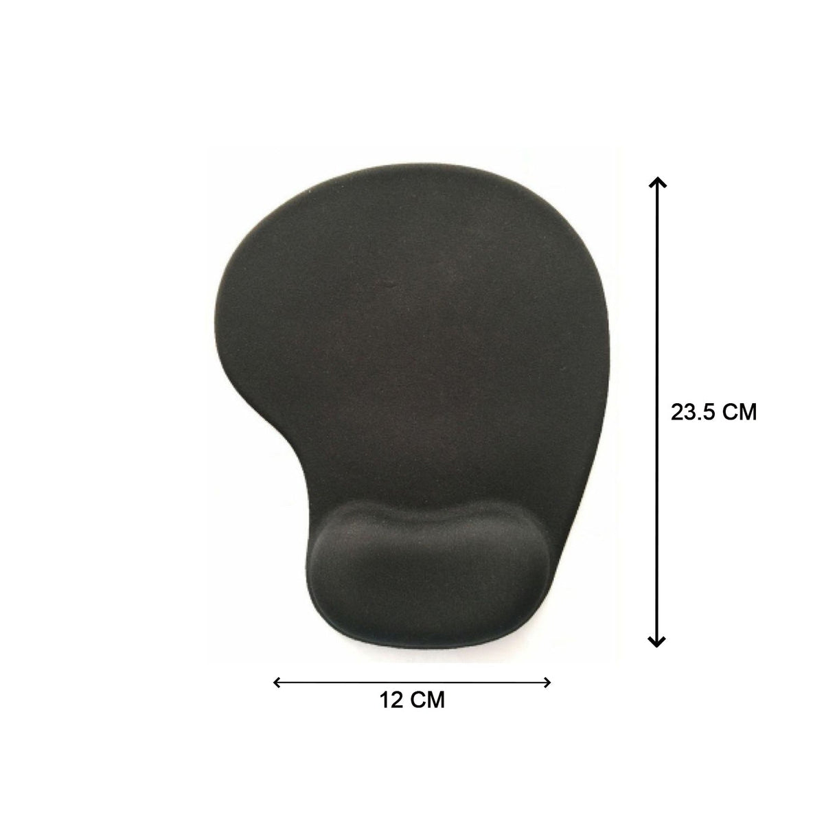 A black ergonomic mouse pad with wrist support, showing dimensions of 23.5 cm length and 12 cm width.