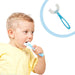 A boy in a yellow shirt brushes his teeth with a blue U-shaped toothbrush, with an inset of the toothbrush.