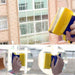 A hand using the blue and yellow magnetic window cleaner on a window, with two inset close-ups.