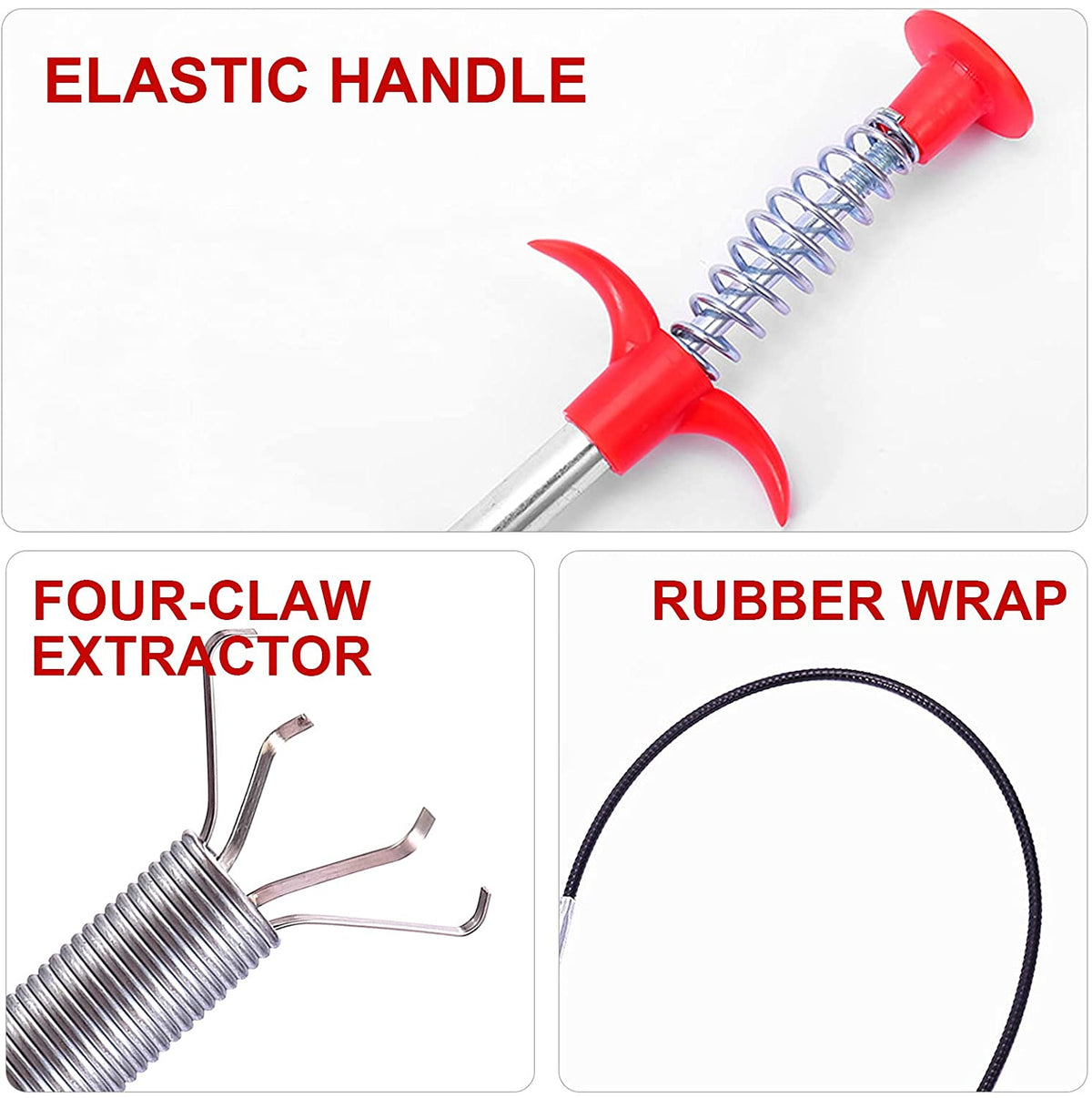 Close-up of the red elastic handle, four-claw extractor, and rubber-wrapped flexible shaft of the drain cleaner.
