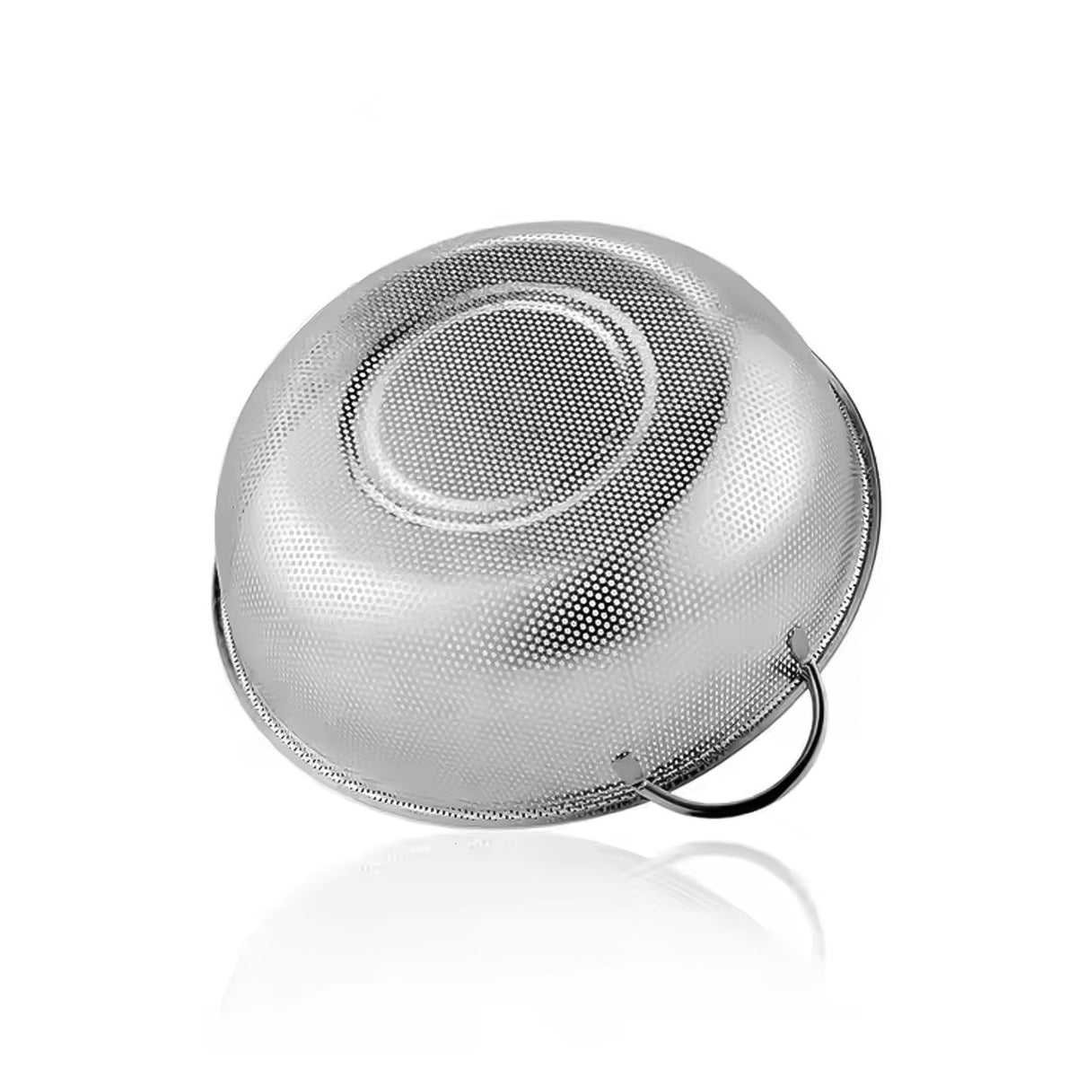 A stainless steel strainer bowl with handles shown from a slightly angled bottom view on a white background.