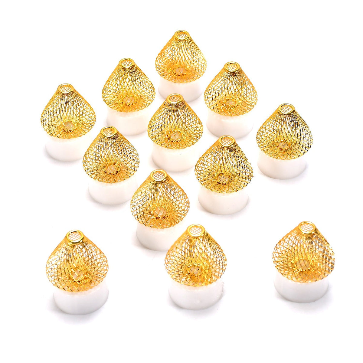 Twelve golden mesh LED tea lights with white bases arranged in a pyramid on a white background.