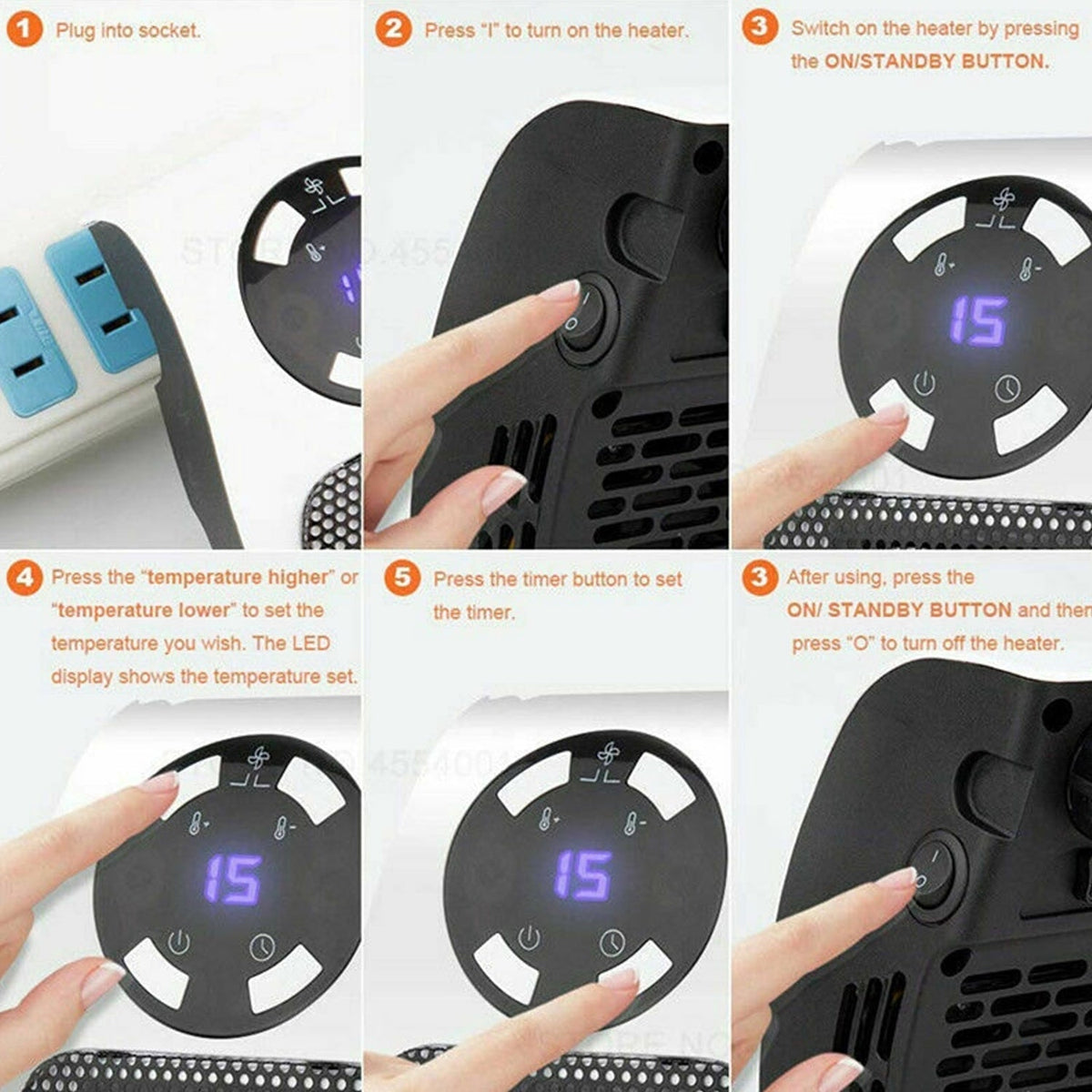 Six step-by-step instructions showing how to plug in, turn on, adjust, and turn off the wall heater.