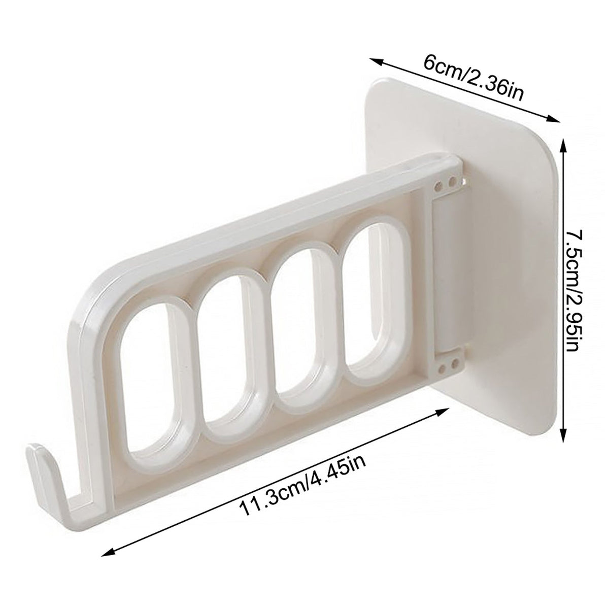 A white plastic foldable wall hook with four slots and a hook is displayed with its dimensions labeled.