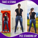 Three panels show a woman from behind using a urination funnel in different outdoor and indoor settings to pee standing up.
