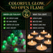 A comparison graphic shows green LED tealights on the left and traditional wax tea lights on the right, highlighting