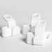 Organised display of white hanger connector hooks for closet management.