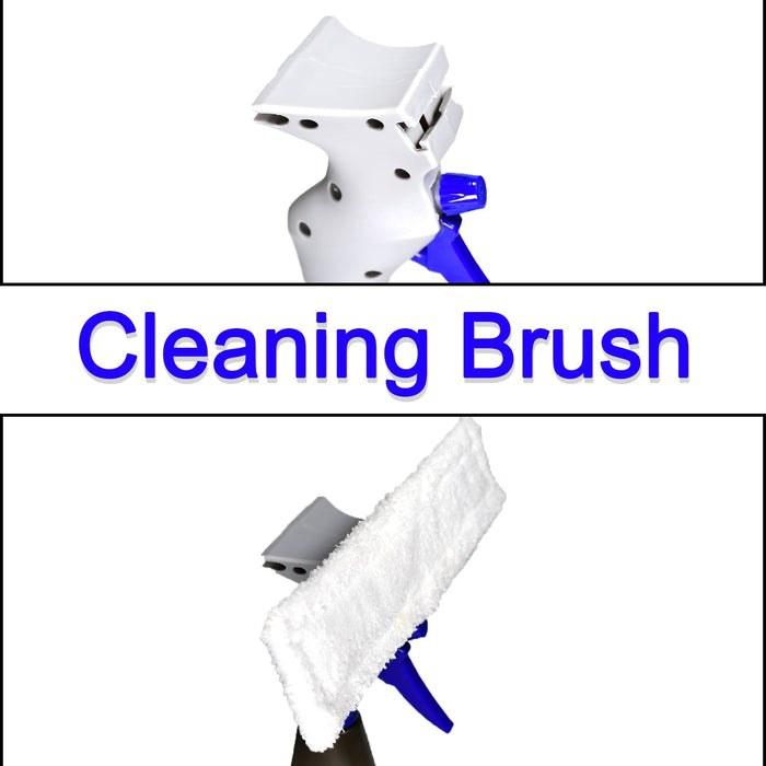 Top: The white and blue spray head. Bottom: The spray head with a white microfiber pad attached, labeled 'Cleaning Brush'.