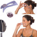 A purple hair threading tool with extra threads, and a woman using the tool on her upper lip and eyebrow.