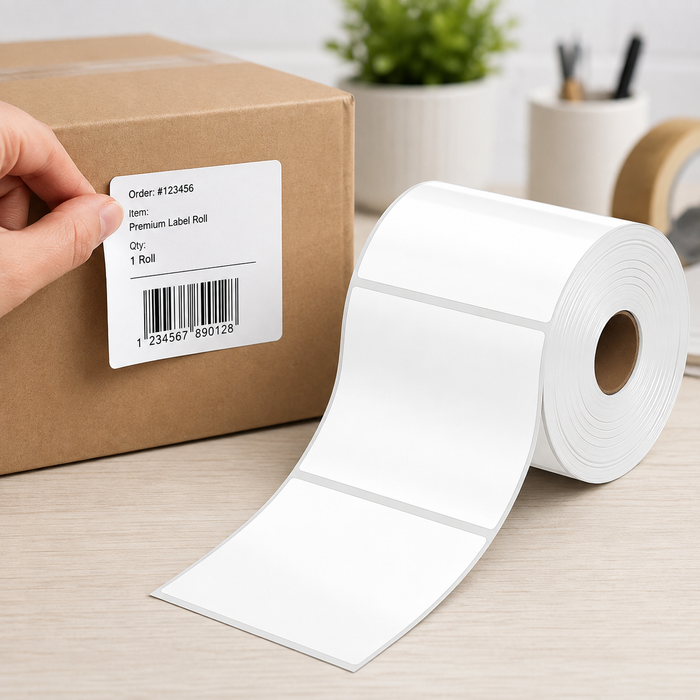 A hand applies a white shipping label with a barcode to a brown cardboard box next to a large roll of labels.