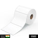 A large roll of white thermal labels with a brown core, showing three blank labels unrolled, with a 'Made in India' badge.
