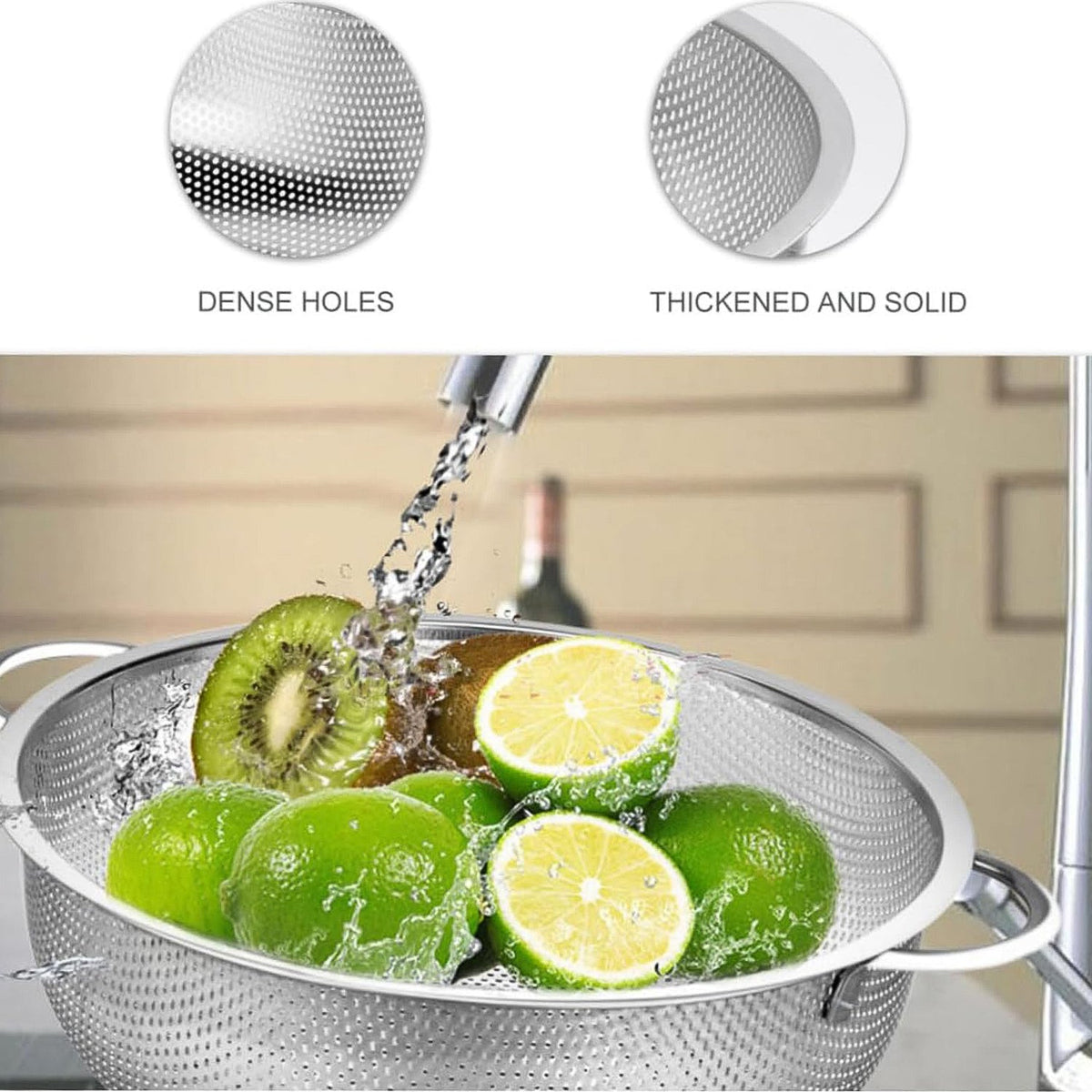 A stainless steel strainer bowl with kiwis and limes being rinsed under water, with close-ups of dense holes and thickened