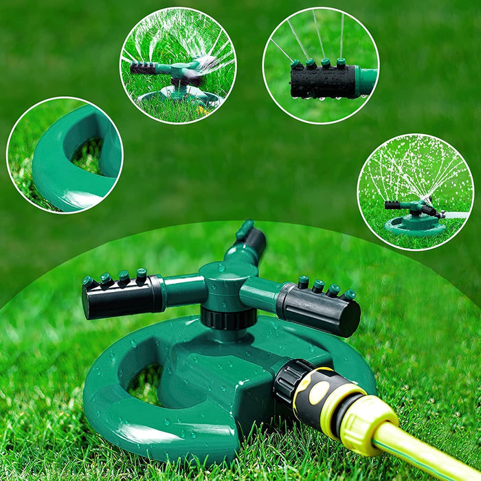 A teal and black garden sprinkler with four inset images showing its features and use.